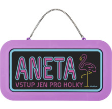 Dětská cedulka na dveře k zavěšení s řetízkem, nápis Aneta a Vstup jen pro holky, motiv plameňáka, neonový styl.