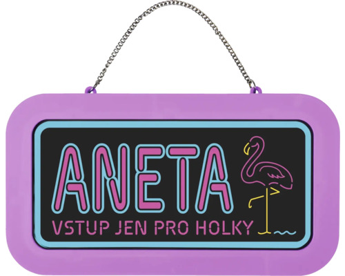 Dětská cedulka na dveře k zavěšení s řetízkem, nápis Aneta a Vstup jen pro holky, motiv plameňáka, neonový styl.