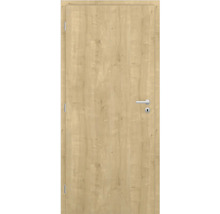 Interiérové dveře v dekoru dubu se zárubní, stříbrnou klikou a klíčovou dírkou.