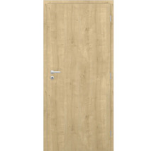 Interiérové dveře ve světlém dekoru dřeva se zárubní, stříbrnou klikou a viditelnými panty na pravé straně.