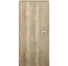 Interiérové dveře v dekoru dubu se zárubní, klikou a klíčovou dírkou.