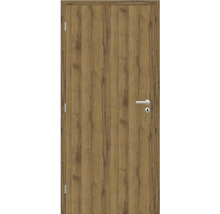Interiérové dveře s dekorem dřeva ve vzhledu dubu, včetně stříbrné kliky a rozety.