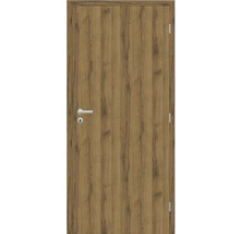 Interiérové dveře v dekoru dubu s klikou, zámkem a zárubní.