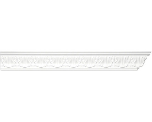 Bílá stropní lišta s opakujícím se ozdobným ornamentem v klasickém stylu pro interiérový design.