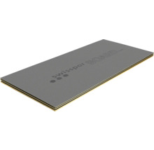 Stavební deska Swisspor BOARD, obdélníkový tvar s šedým strukturovaným povrchem a logem.