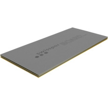 Izolační deska Swisspor Board se strukturovaným šedým povrchem a žlutým jádrem, stohovaná ve třech kusech.