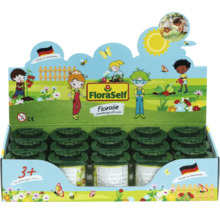 FloraSelf Logo na prodejním stojanu Floralie zahradničení s dětmi, květináče, ilustrace dětí, od tří let, Vyrobeno v Německu.