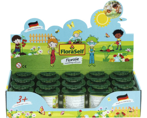 FloraSelf Logo na prodejním stojanu Floralie zahradničení s dětmi, květináče, ilustrace dětí, od tří let, Vyrobeno v Německu.