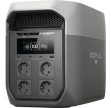 Přenosná nabíjecí stanice EcoFlow se čtyřmi zásuvkami, USB porty a digitálním displejem stavu baterie.