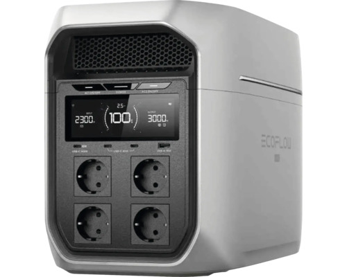 Přenosná napájecí stanice EcoFlow s digitálním displejem, čtyřmi zásuvkami, USB porty a větracími mřížkami.