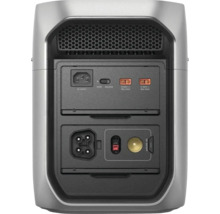 Zadní pohled na přenosnou nabíjecí stanici s konektory pro vstup střídavého proudu, solární nabíjení a 12 Volt autozásuvku.