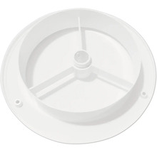 Bílý kulatý plastový montážní kroužek pro ventilační systémy se třemi paprsky a upevňovacími otvory.