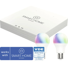 Startovací sada SMART HOME by hornbach s bránou a dvěma barevnými LED žárovkami, VDE certifikované zabezpečení informací, SMART HOME by hornbach Logo.
