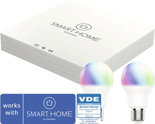 Startovací sada SMART HOME by hornbach s bránou a dvěma barevnými LED žárovkami, VDE certifikované zabezpečení informací, SMART HOME by hornbach Logo.