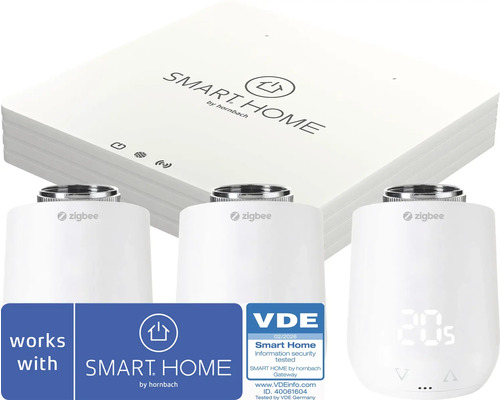 Startovací sada Smart Home by hornbach s bránou a třemi radiátorovými termostaty Zigbee, VDE testovaná bezpečnost informací.