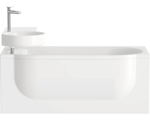 Bílá vana s integrovaným umyvadlem a chromovanou baterií, prostorově úsporná kombinace.
