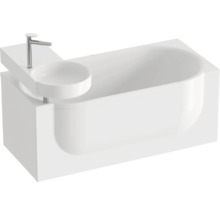 Bílá vana s integrovaným malým kulatým umyvadlem a baterií.