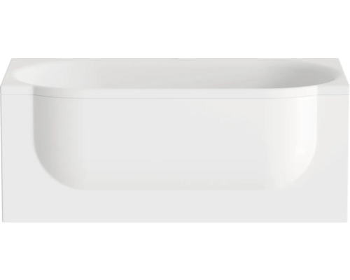 Bílá vestavná vana s čelním panelem a zaobleným vnitřním tvarem.