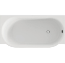 Obdélníková vestavná vana s oválným vnitřním tvarem a bočním odtokem v pohledu shora.