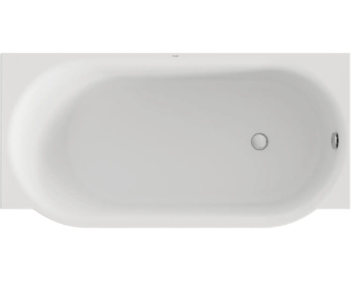 Obdélníková vestavná vana s oválným vnitřním tvarem a bočním odtokem v pohledu shora.