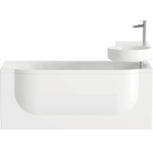 Bílá obdélníková vana s integrovaným umyvadlem a chromovou baterií.
