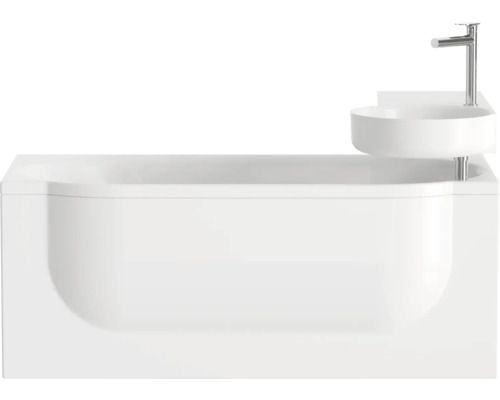 Bílá obdélníková vana s integrovaným umyvadlem a chromovou baterií.