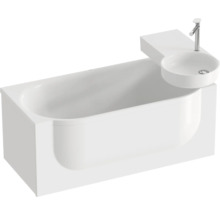 Bílá obdélníková vana s integrovaným kulatým umyvadlem a chromovou baterií.