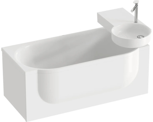 Bílá obdélníková vana s integrovaným kulatým umyvadlem a chromovou baterií.