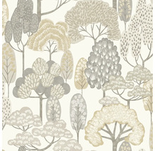 Vliesová tapeta se stylizovaným vzorem lesa se stromy v různých odstínech šedé a béžové.