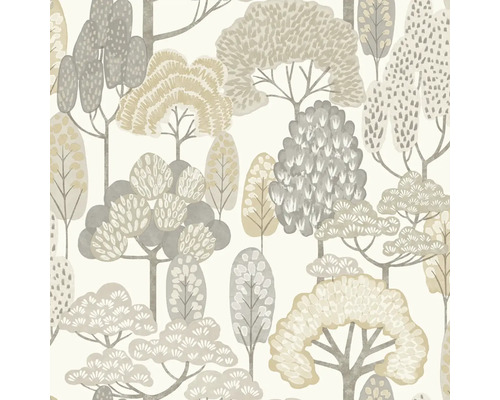 Vliesová tapeta se stylizovaným vzorem lesa se stromy v různých odstínech šedé a béžové.