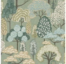 Vliesová tapeta se stylizovaným vzorem lesa s různými stromy v přírodních tónech.