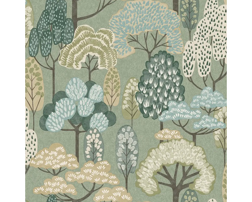 Vliesová tapeta se stylizovaným vzorem lesa s různými stromy v přírodních tónech.