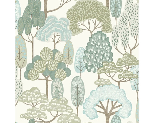 Vliesová tapeta s motivem lesa, stylizované stromy v zelené, mátové a modré barvě.