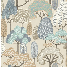 Vliesová tapeta s lesním motivem stylizovaných stromů různých tvarů a grafických vzorů.