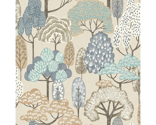 Vliesová tapeta s lesním motivem stylizovaných stromů různých tvarů a grafických vzorů.