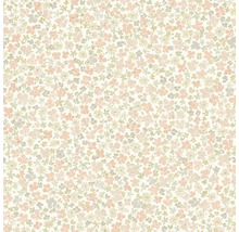 Vliesová tapeta s jemným květinovým vzorem z malých růžových, oranžových a zelených květů a listů v akvarelovém stylu.