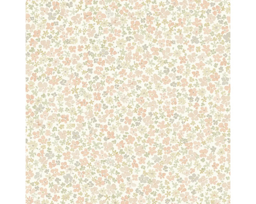 Vliesová tapeta s jemným květinovým vzorem z malých růžových, oranžových a zelených květů a listů v akvarelovém stylu.