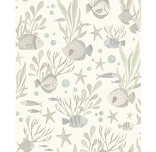 Tapeta s podmořským motivem, různými rybami, hvězdicemi, korály a vodními rostlinami.