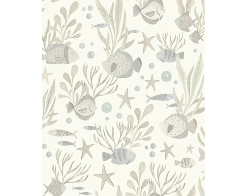 Tapeta s podmořským motivem, různými rybami, hvězdicemi, korály a vodními rostlinami.