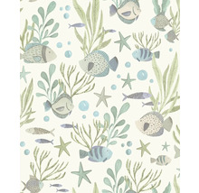 Vliesová tapeta s podmořským motivem, rybami, hvězdicemi a řasami ve stylu akvarelu.