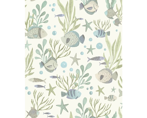 Vliesová tapeta s podmořským motivem, rybami, hvězdicemi a řasami ve stylu akvarelu.