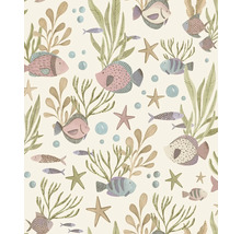 Tapeta s podmořským motivem, různými rybami, hvězdicemi, řasami, korály a vzduchovými bublinami v ilustrativním stylu.