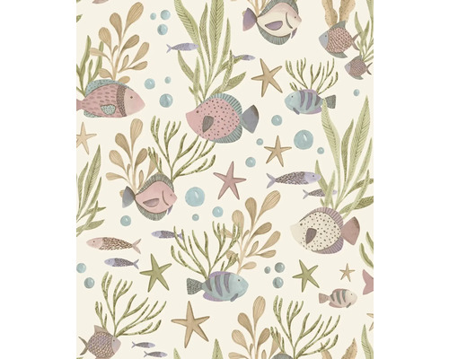 Tapeta s podmořským motivem, různými rybami, hvězdicemi, řasami, korály a vzduchovými bublinami v ilustrativním stylu.