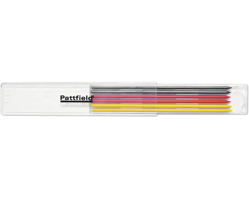 Šedé, červené a žluté náhradní tuhy Pattfield pro popisovače hlubokých otvorů v plastovém pouzdře s Pattfield Logo.