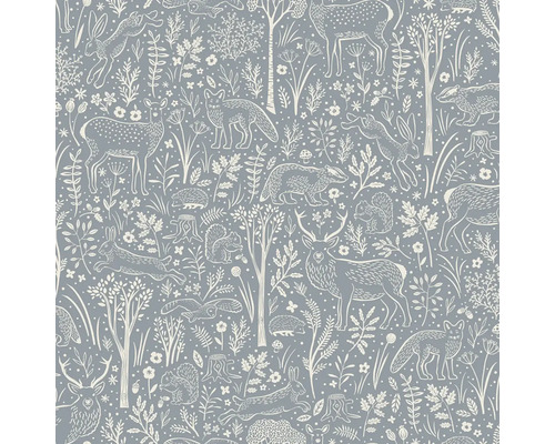 Vliesová tapeta s ilustrovanými lesními motivy, jako jsou jeleni, lišky, zajíci, jezevci a veverky mezi stromy a rostlinami.