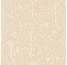 Tapeta s motivem lesních zvířat, jako je jelen, liška, zajíc a veverka uprostřed stromů a rostlin.