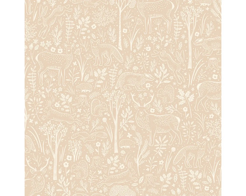 Tapeta s motivem lesních zvířat, jako je jelen, liška, zajíc a veverka uprostřed stromů a rostlin.