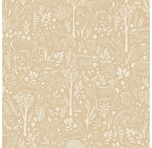 Tapeta s opakujícím se vzorem lesních zvířat jako jsou jeleni, lišky a zajíci doplněná o stromy a rostliny.