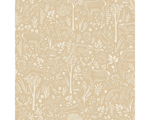 Tapeta s opakujícím se vzorem lesních zvířat jako jsou jeleni, lišky a zajíci doplněná o stromy a rostliny.