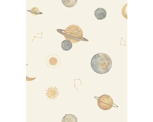 Vliesová tapeta s motivem vesmíru složená z planet, měsíců, hvězd a sluncí v akvarelovém stylu.